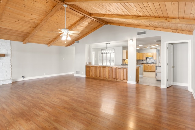 unfurnished living room featuring light wood-type flooring and beam ceiling