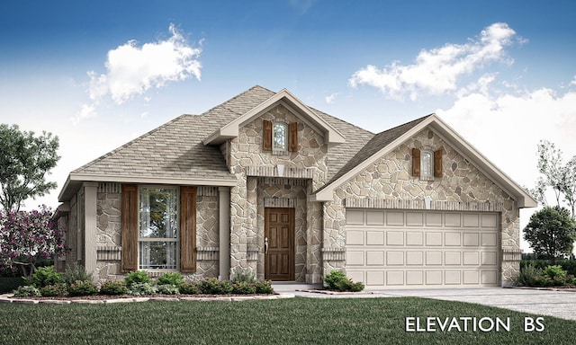 view of front facade with a garage, a shingled roof, stone siding, concrete driveway, and a front yard