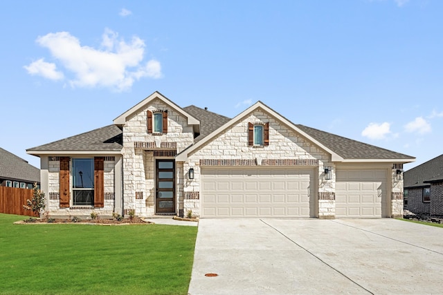 view of front of property with driveway, an attached garage, a shingled roof, a front lawn, and stone siding
