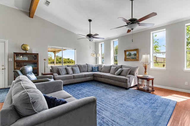 living room featuring crown molding, lofted ceiling with beams, ceiling fan, and hardwood / wood-style flooring