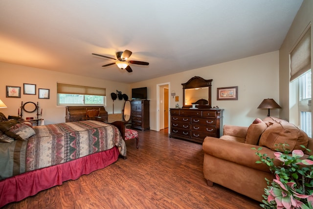 bedroom with ceiling fan, dark hardwood / wood-style flooring, and multiple windows