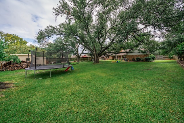 view of yard with a fenced backyard and a trampoline