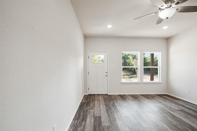 entrance foyer with dark wood-style floors, ceiling fan, baseboards, and recessed lighting