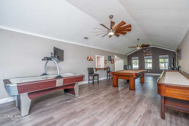 playroom featuring lofted ceiling, hardwood / wood-style flooring, pool table, ceiling fan, and crown molding