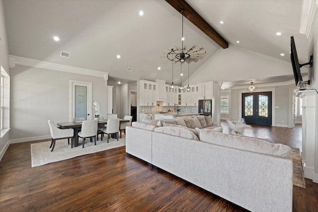 living area featuring visible vents, dark wood-style flooring, beamed ceiling, french doors, and high vaulted ceiling