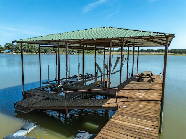 view of dock with a water view