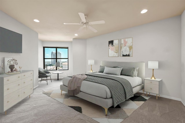 carpeted bedroom with ceiling fan