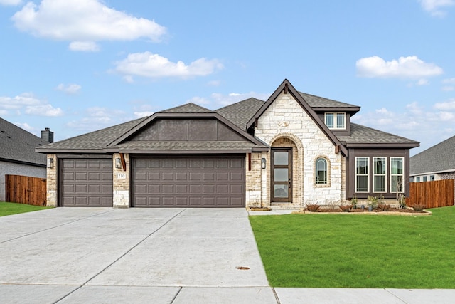 view of front of property featuring a front yard and a garage