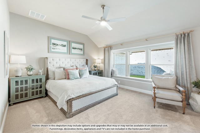 bedroom with ceiling fan, lofted ceiling, and light carpet