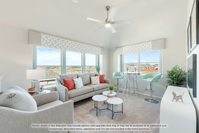 carpeted living room featuring ceiling fan