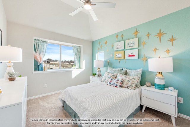 carpeted bedroom with ceiling fan and vaulted ceiling