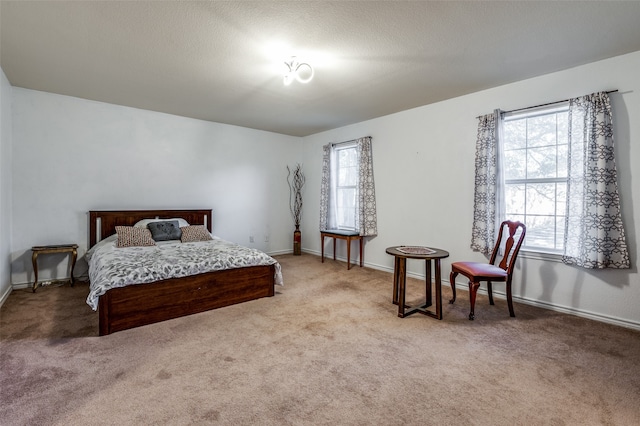 carpeted bedroom featuring a textured ceiling and multiple windows