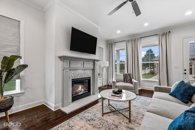 living room featuring plenty of natural light, dark wood-type flooring, and a high end fireplace