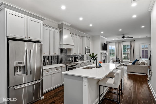 kitchen with dark hardwood / wood-style flooring, sink, stainless steel appliances, and custom exhaust hood