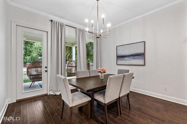 dining area with dark hardwood / wood-style flooring, crown molding, plenty of natural light, and a notable chandelier