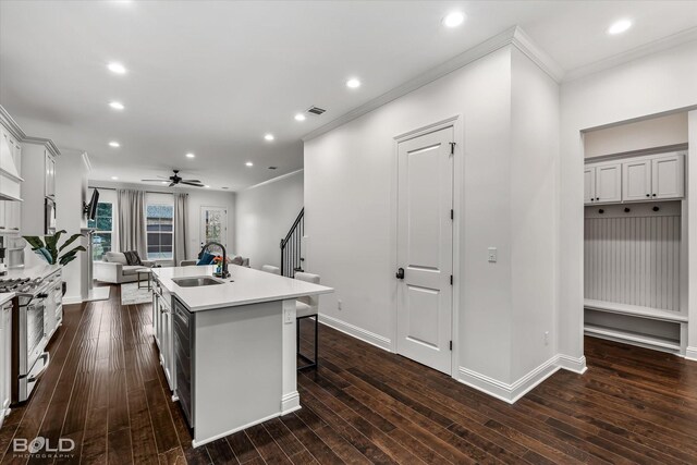 kitchen with a center island with sink, sink, stainless steel gas stove, ceiling fan, and dark hardwood / wood-style flooring