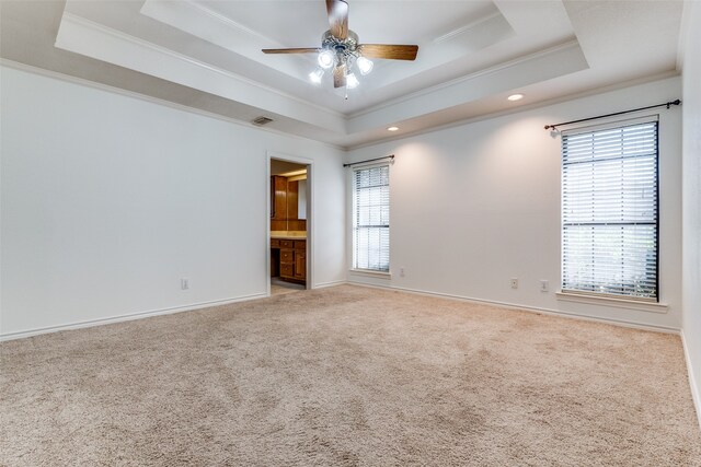 carpeted spare room featuring ceiling fan, ornamental molding, and a tray ceiling