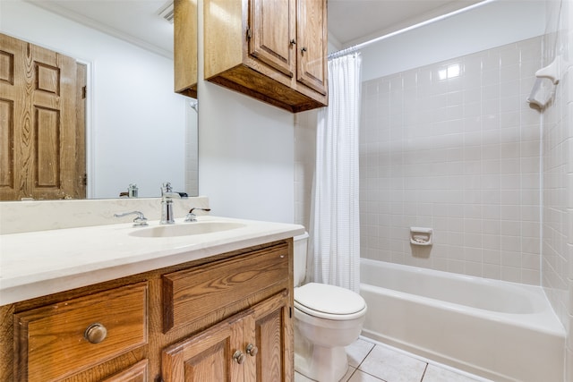 full bathroom with vanity, tile patterned flooring, crown molding, toilet, and shower / bathtub combination with curtain