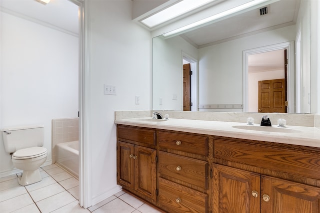 bathroom with vanity, toilet, ornamental molding, tile patterned floors, and a washtub