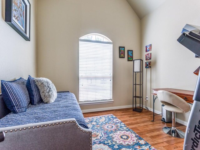 bedroom featuring light wood-type flooring and lofted ceiling