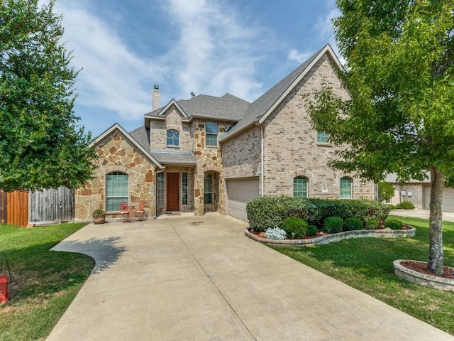 french country style house featuring driveway, a front lawn, stone siding, fence, and a chimney