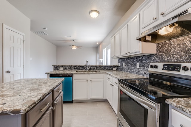 kitchen with decorative backsplash, ceiling fan, white cabinetry, stainless steel appliances, and sink