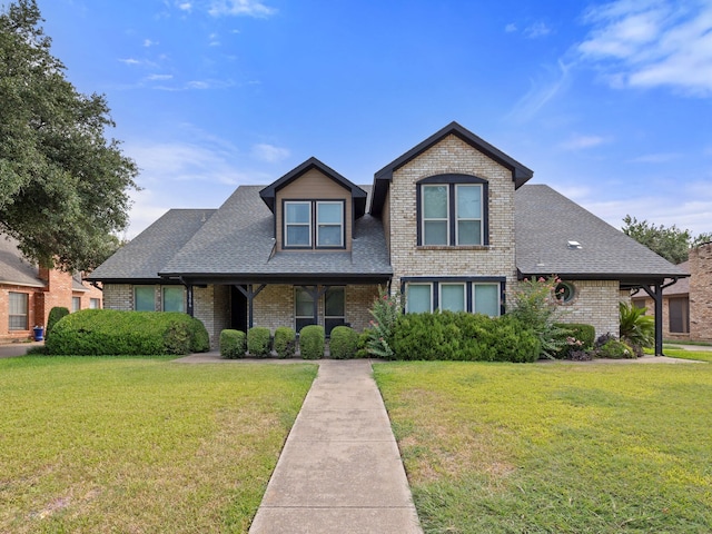 view of front of home featuring a shingled roof, a front yard, and brick siding