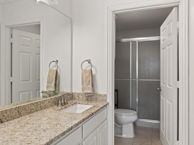 full bathroom with vanity, a shower stall, toilet, and tile patterned floors