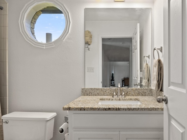 bathroom featuring toilet, a textured wall, and vanity