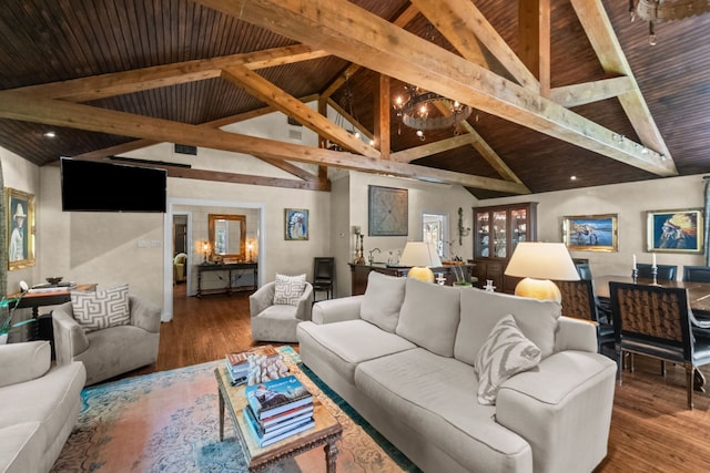 living room featuring beamed ceiling, hardwood / wood-style floors, wood ceiling, and high vaulted ceiling