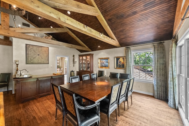 dining space with light hardwood / wood-style flooring, lofted ceiling with beams, and wood ceiling