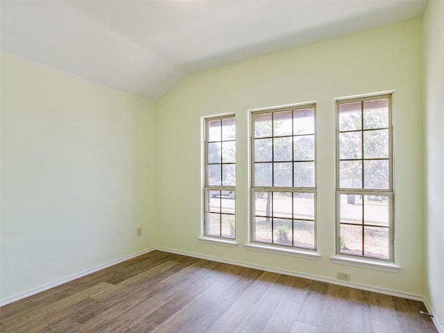 spare room featuring lofted ceiling and hardwood / wood-style flooring