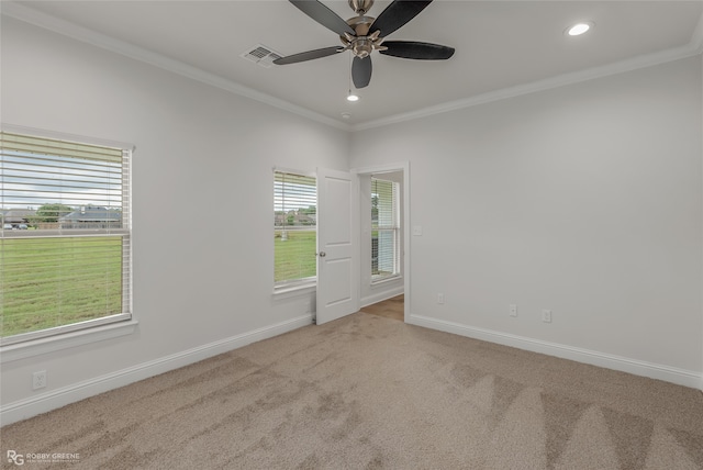 carpeted spare room with ceiling fan and ornamental molding