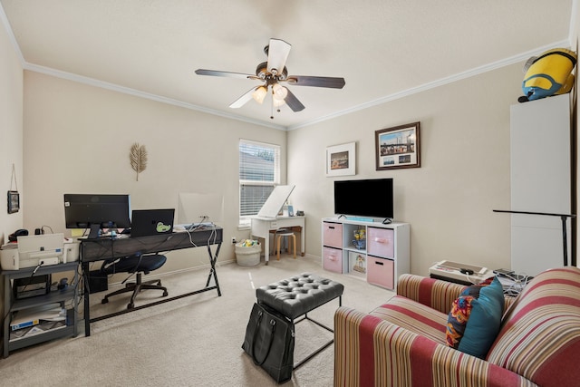 home office featuring ceiling fan, light carpet, and ornamental molding