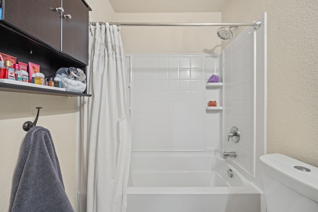 bathroom with toilet and shower / bathtub combination with curtain