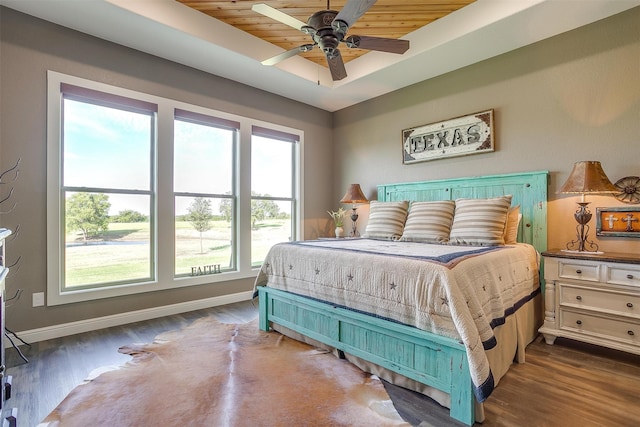 bedroom with wood ceiling, dark hardwood / wood-style flooring, and multiple windows