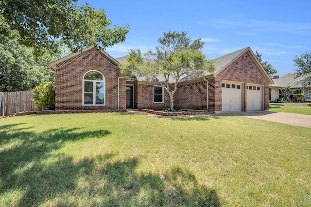 single story home with brick siding, fence, driveway, and a front lawn