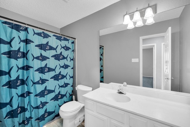 bathroom featuring a textured ceiling, toilet, vanity, and a shower with curtain