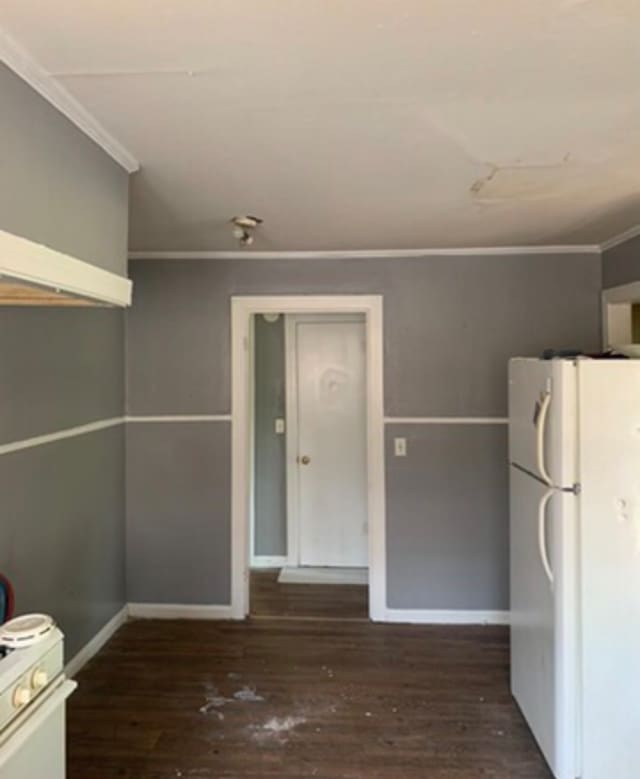 interior space with dark hardwood / wood-style flooring and ornamental molding