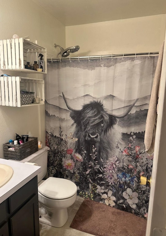 full bathroom with a shower with curtain, vanity, toilet, and tile patterned floors