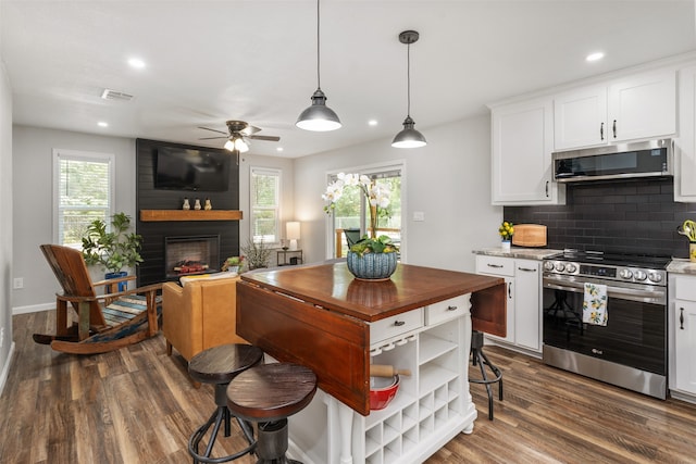 kitchen featuring stainless steel appliances, a large fireplace, a healthy amount of sunlight, and dark hardwood / wood-style floors