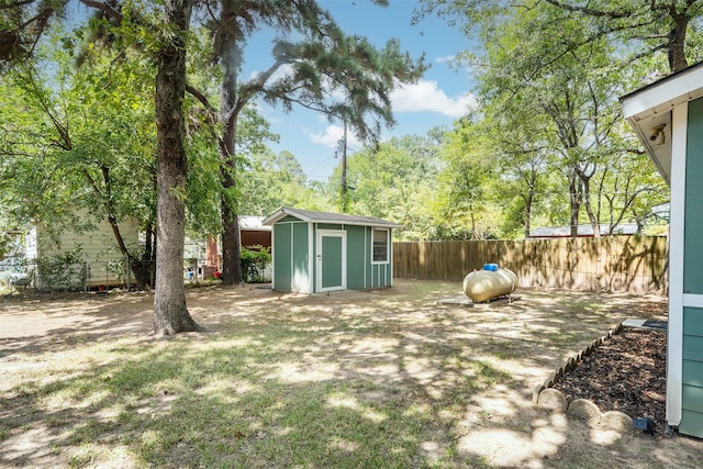 view of yard featuring a storage shed