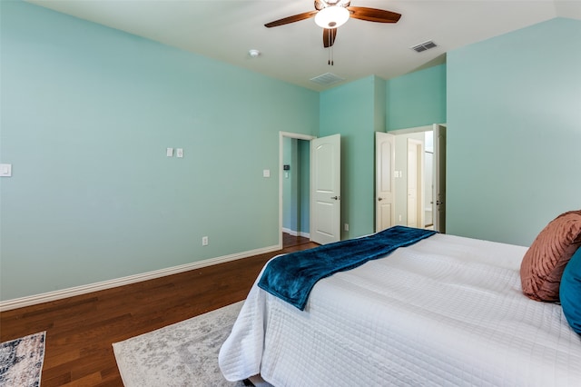 bedroom featuring ceiling fan, high vaulted ceiling, and hardwood / wood-style floors