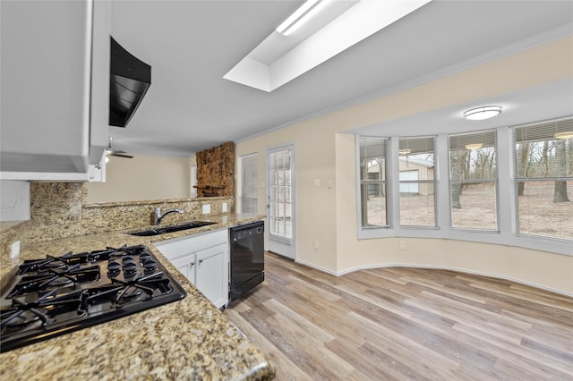 kitchen featuring crown molding, light hardwood / wood-style flooring, sink, white cabinets, and black appliances