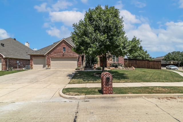 view of front facade featuring central AC unit, a front yard, and a garage