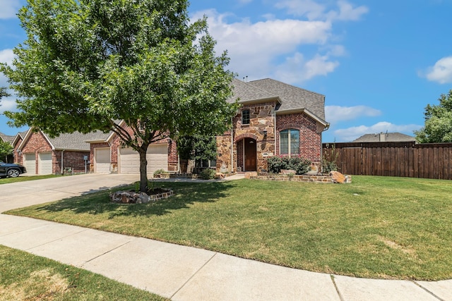 view of front of home with a front lawn and a garage