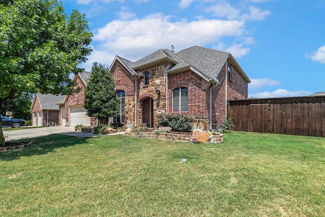 view of front of home featuring a front yard and a garage