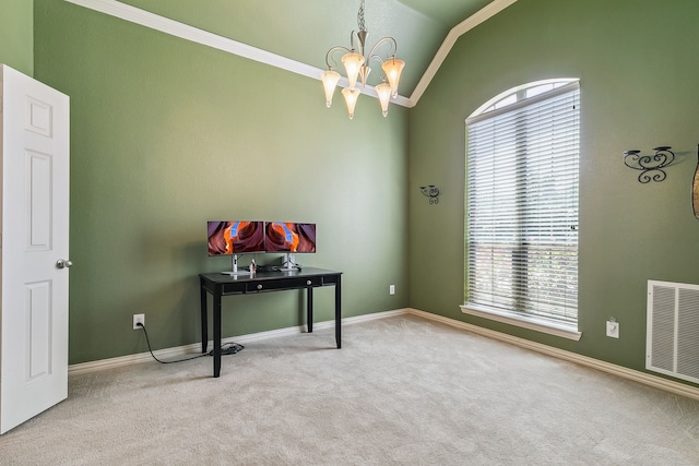 misc room featuring carpet, ornamental molding, vaulted ceiling, and a chandelier