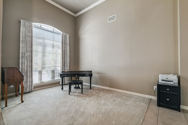 misc room with light carpet and ornamental molding