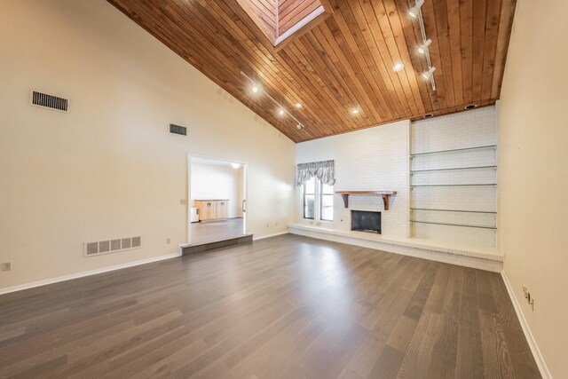 unfurnished living room featuring dark hardwood / wood-style flooring, wood ceiling, high vaulted ceiling, and a skylight